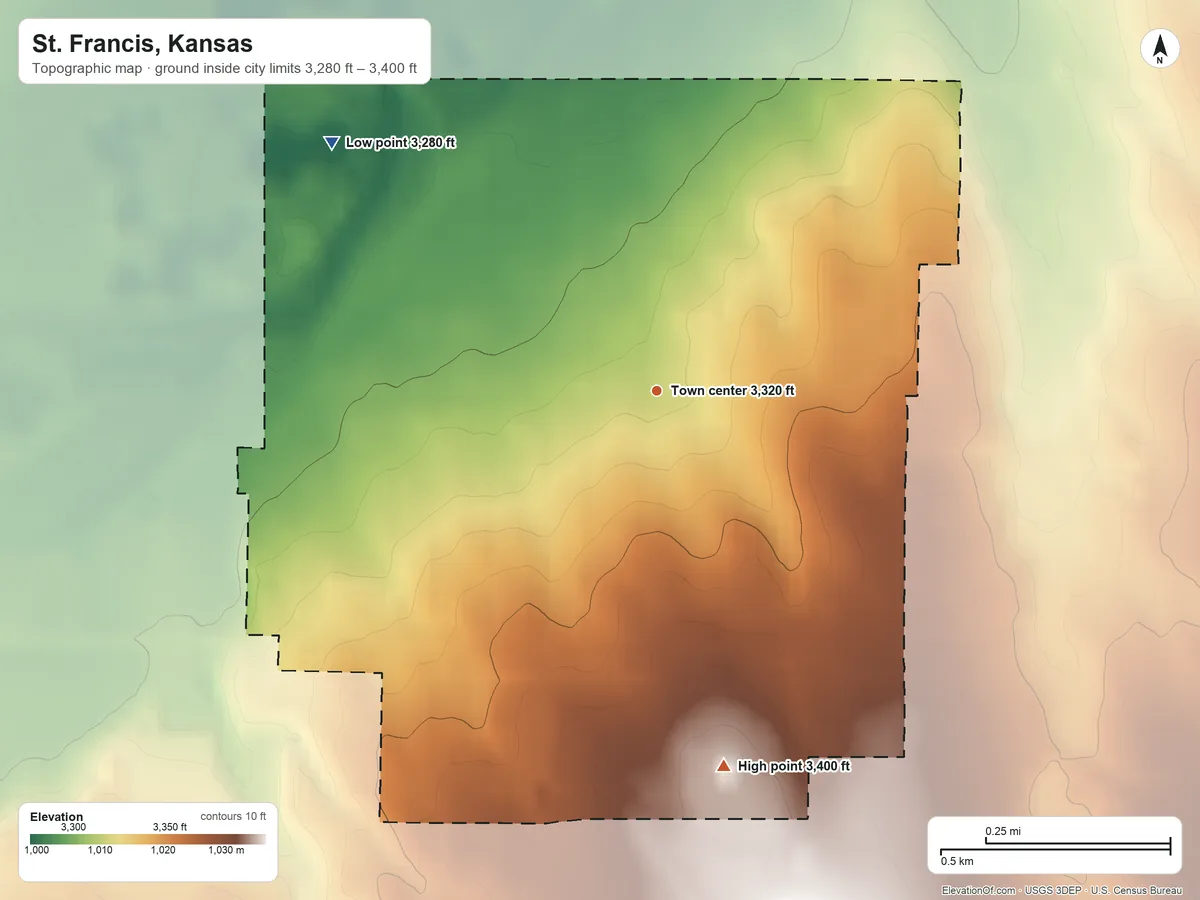 Topographic elevation map of St. Francis, Kansas, shaded from 3,280 ft on the northwest side to 3,400 ft on the south side