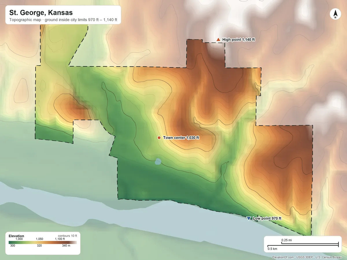 Topographic elevation map of St. George, Kansas, shaded from 970 ft on the southeast side to 1,140 ft on the northeast side