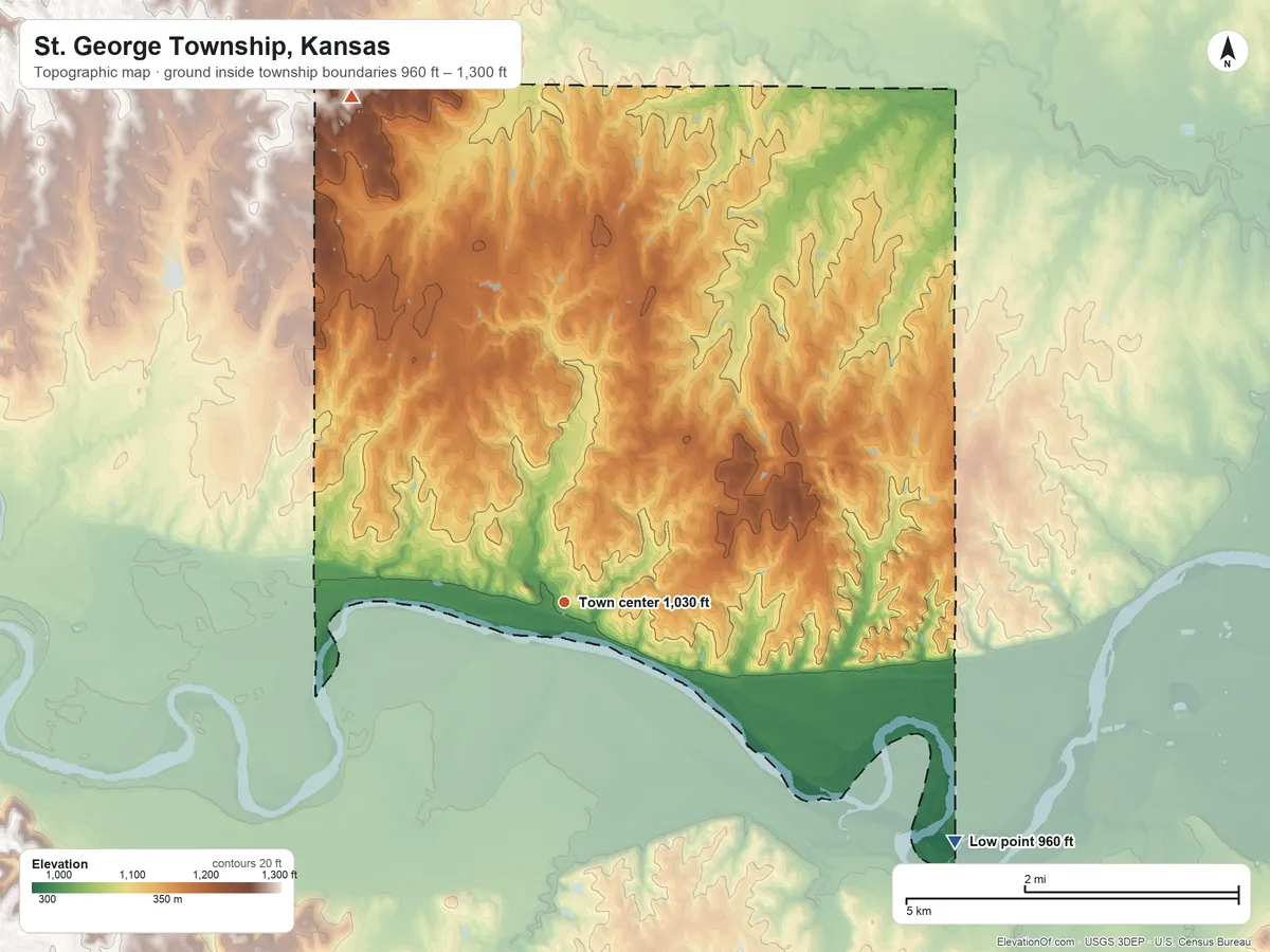 Topographic elevation map of St. George Township, Kansas, shaded from 960 ft on the southeast side to 1,300 ft on the northwest side