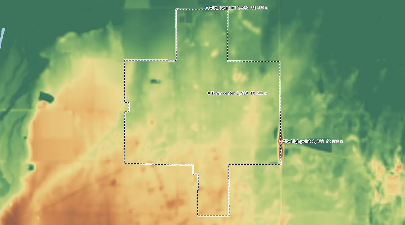 Topographic elevation map of St. John, Kansas, shaded from 1,900 ft on the north side to 1,930 ft on the southeast side