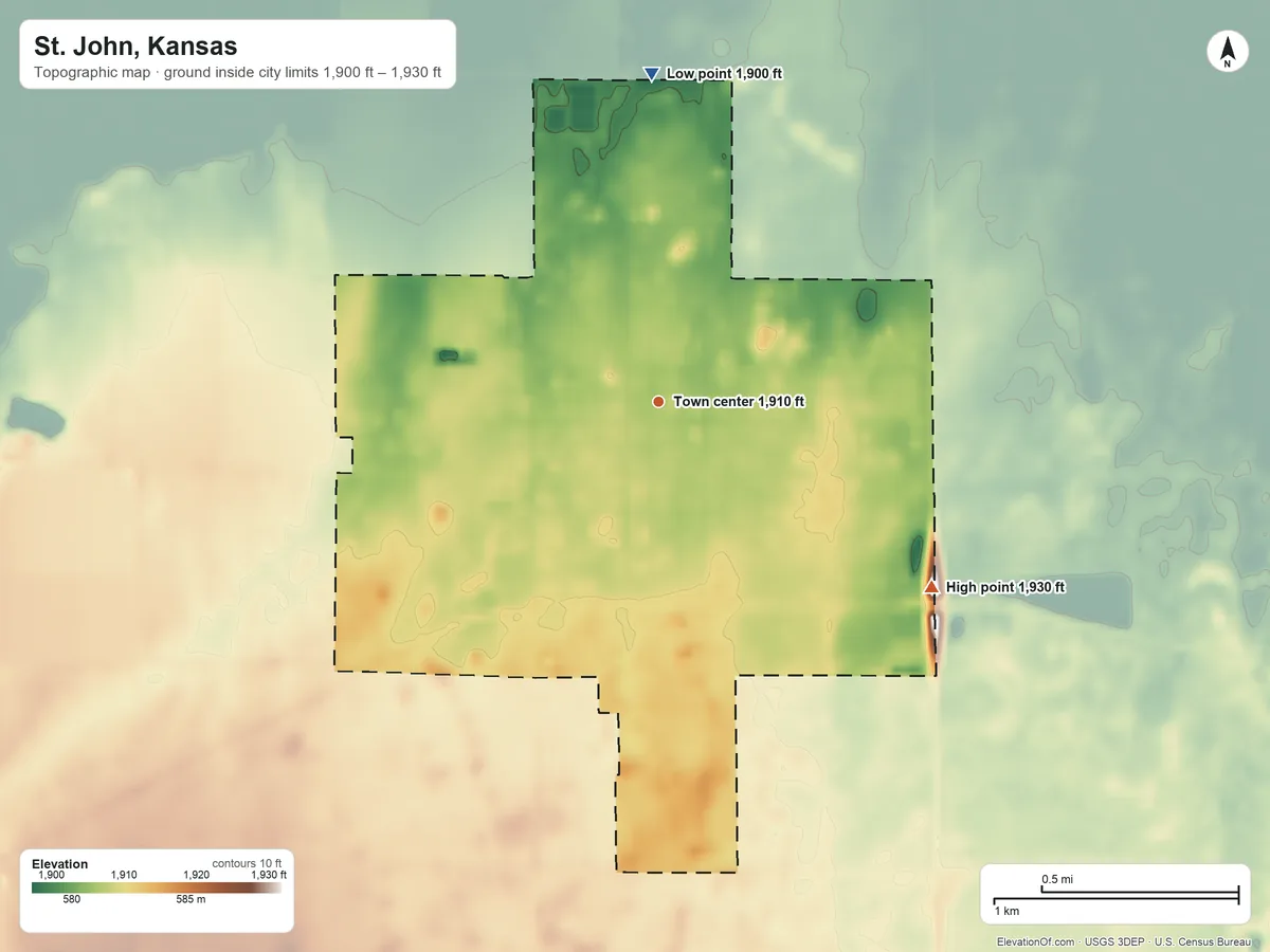 Topographic elevation map of St. John, Kansas, shaded from 1,900 ft on the north side to 1,930 ft on the southeast side