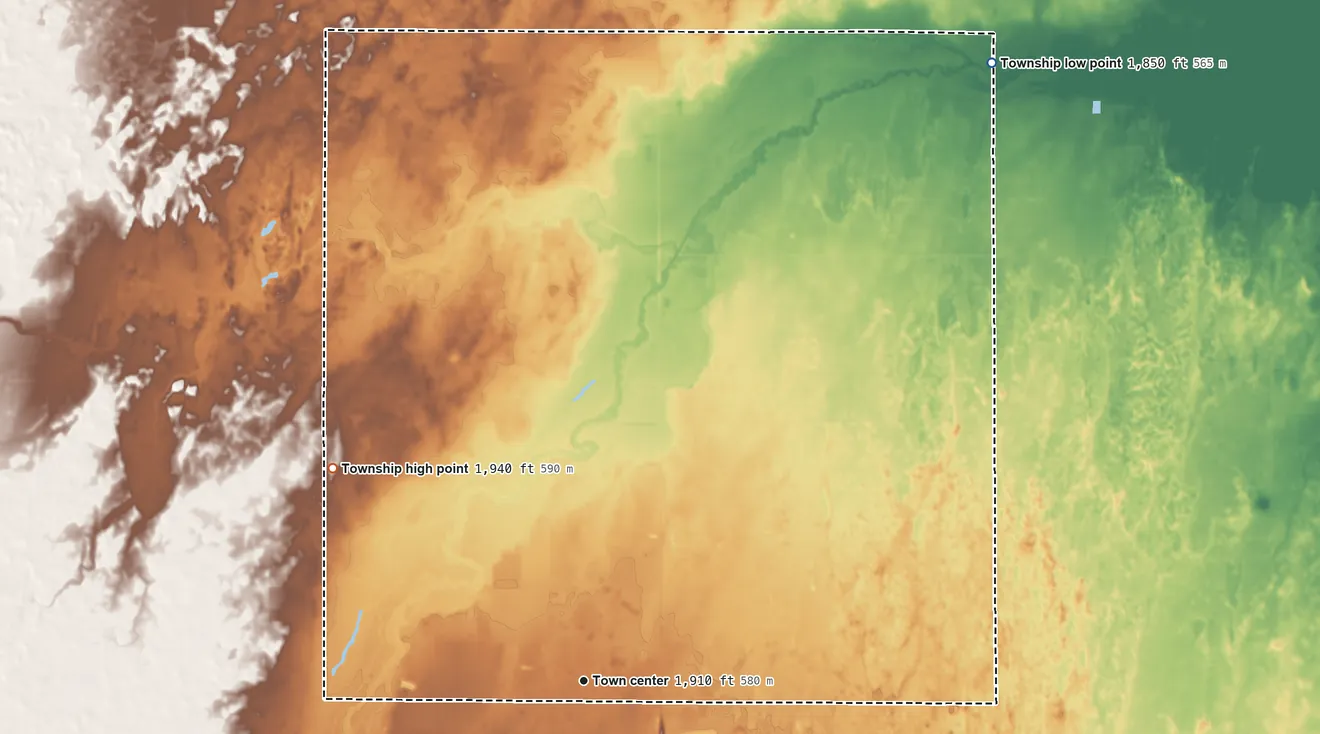 Topographic elevation map of St. John Township, Kansas, shaded from 1,850 ft on the northeast side to 1,940 ft on the northwest side