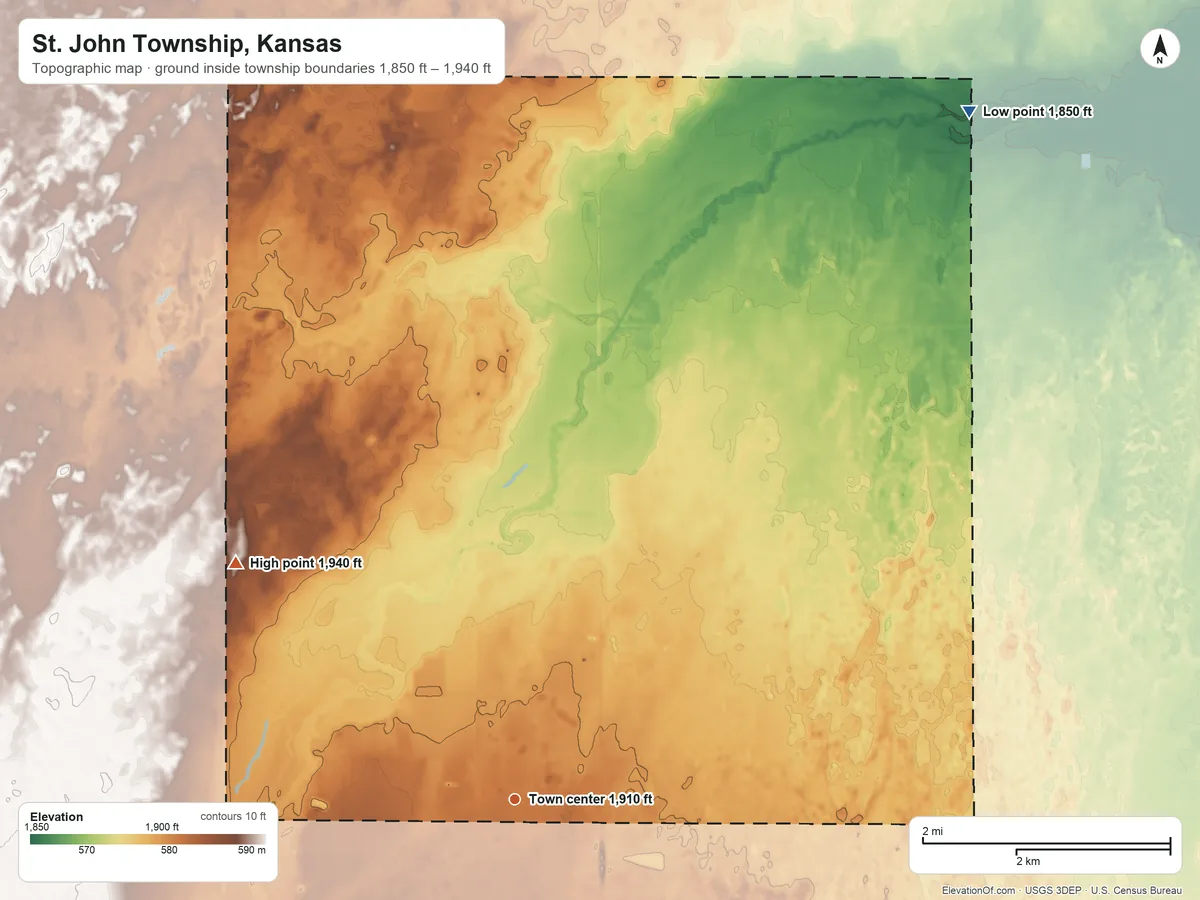 Topographic elevation map of St. John Township, Kansas, shaded from 1,850 ft on the northeast side to 1,940 ft on the northwest side