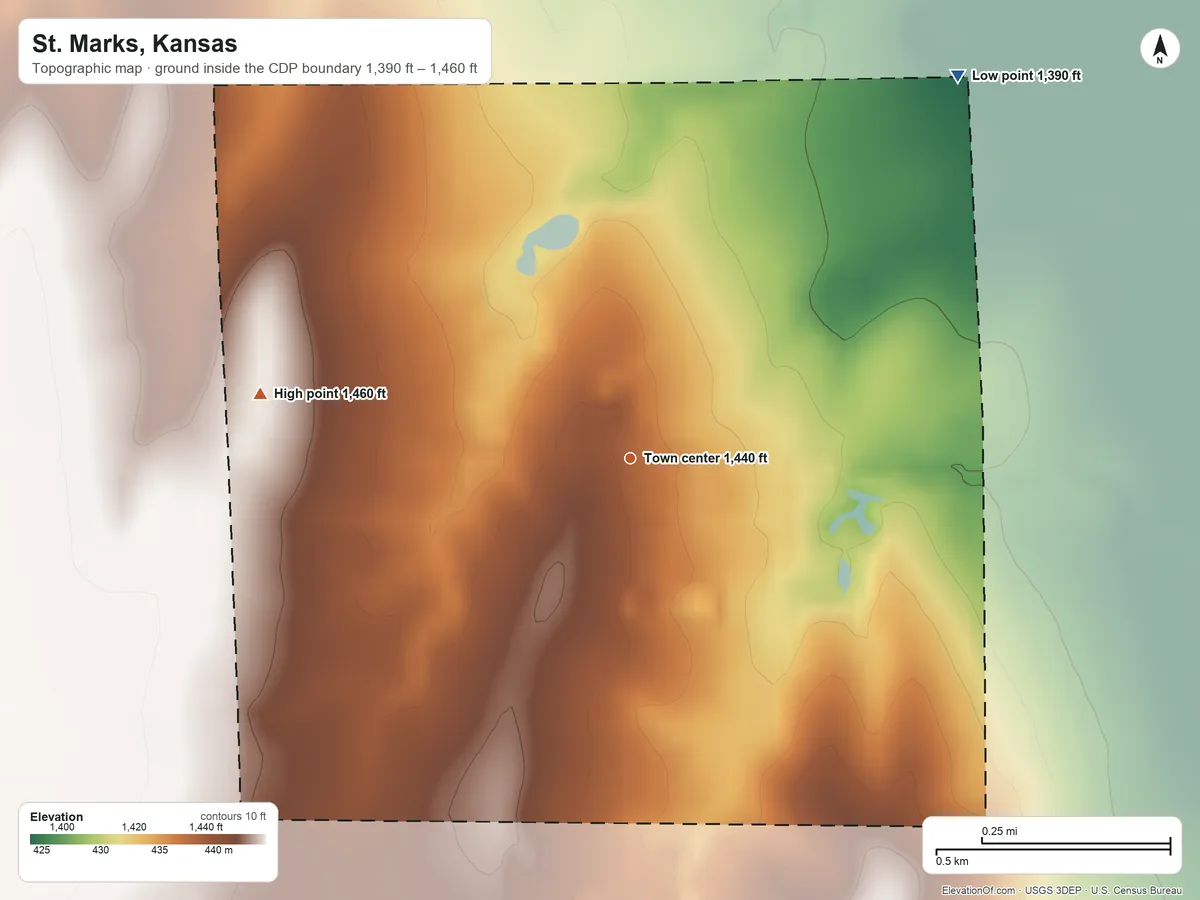 Topographic elevation map of St. Marks, Kansas, shaded from 1,390 ft on the northeast side to 1,460 ft on the west side