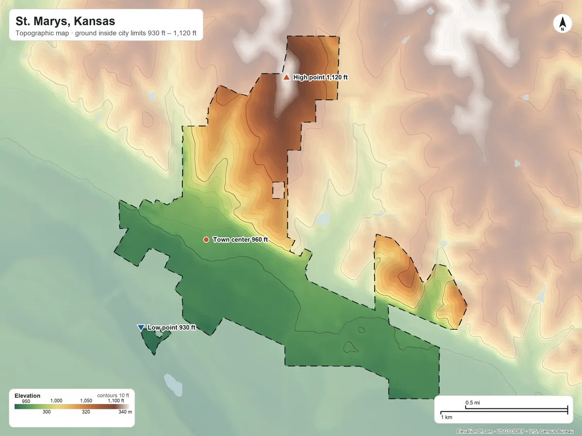 Topographic elevation map of St. Marys, Kansas, shaded from 930 ft on the southwest side to 1,120 ft on the northeast side