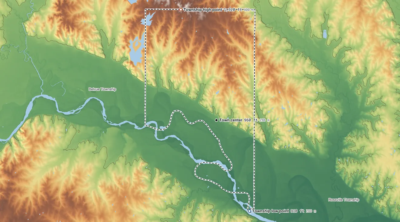 Topographic elevation map of St. Marys Township, Kansas, shaded from 910 ft on the south side to 1,320 ft on the north side