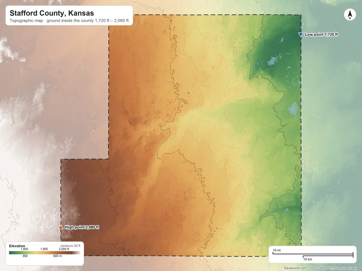 Topographic elevation map of Stafford County, Kansas, shaded from 1,720 ft on the northeast side to 2,080 ft on the southwest side