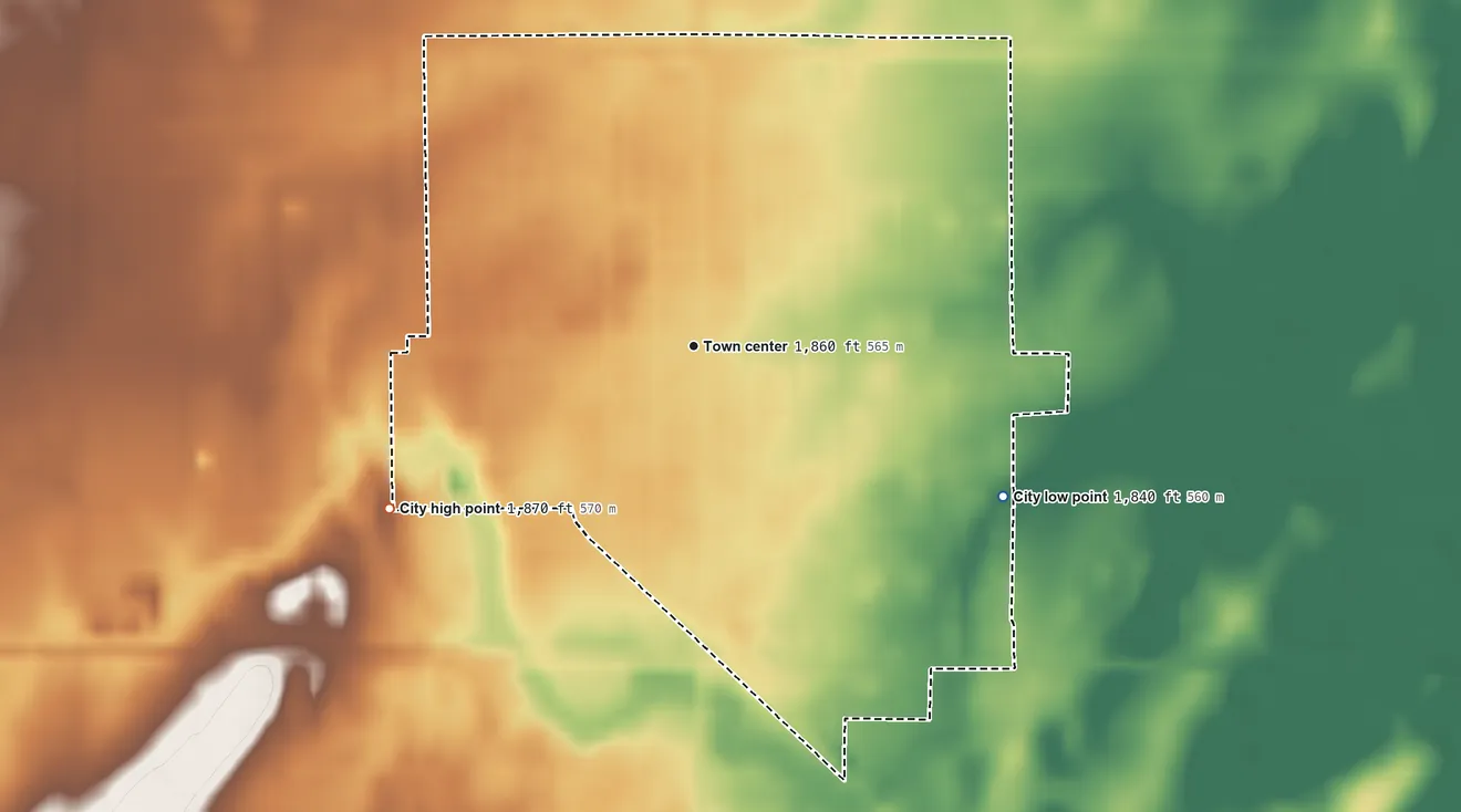 Topographic elevation map of Stafford, Kansas, shaded from 1,840 ft on the southeast side to 1,870 ft on the southwest side