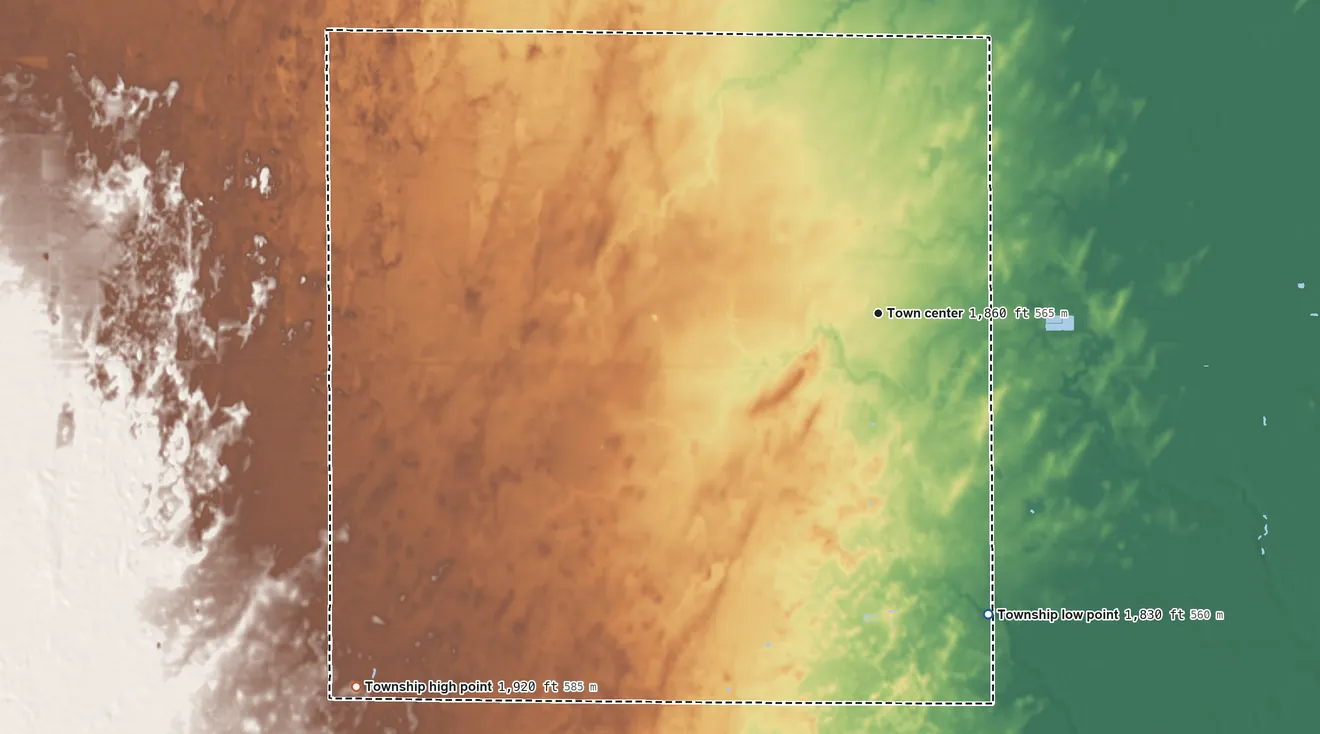 Topographic elevation map of Stafford Township, Kansas, shaded from 1,830 ft on the south side to 1,920 ft on the southwest side