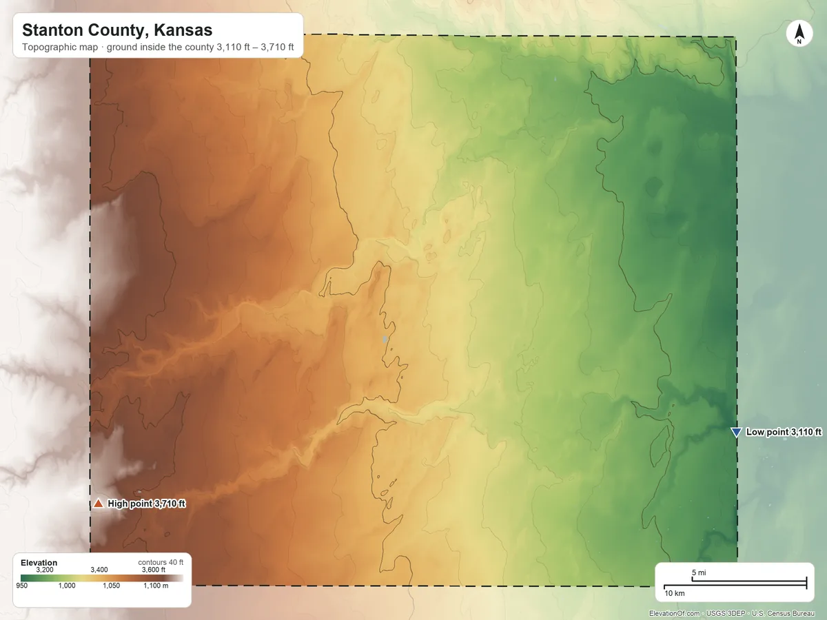 Topographic elevation map of Stanton County, Kansas, shaded from 3,110 ft on the east side to 3,710 ft on the southwest side