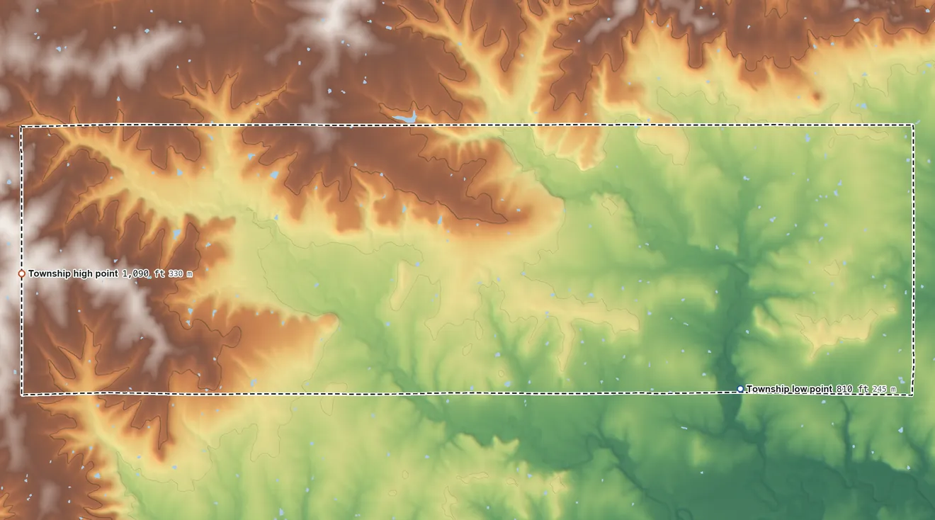 Topographic elevation map of Stanton Township, Linn County, Kansas, shaded from 810 ft on the southeast side to 1,090 ft on the west side