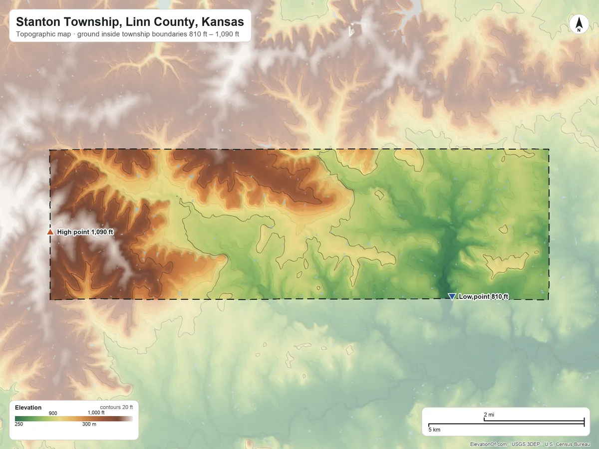 Topographic elevation map of Stanton Township, Linn County, Kansas, shaded from 810 ft on the southeast side to 1,090 ft on the west side