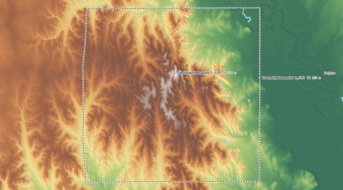 Topographic elevation map of Stanton Township, Ottawa County, Kansas, shaded from 1,300 ft on the east side to 1,650 ft near the middle