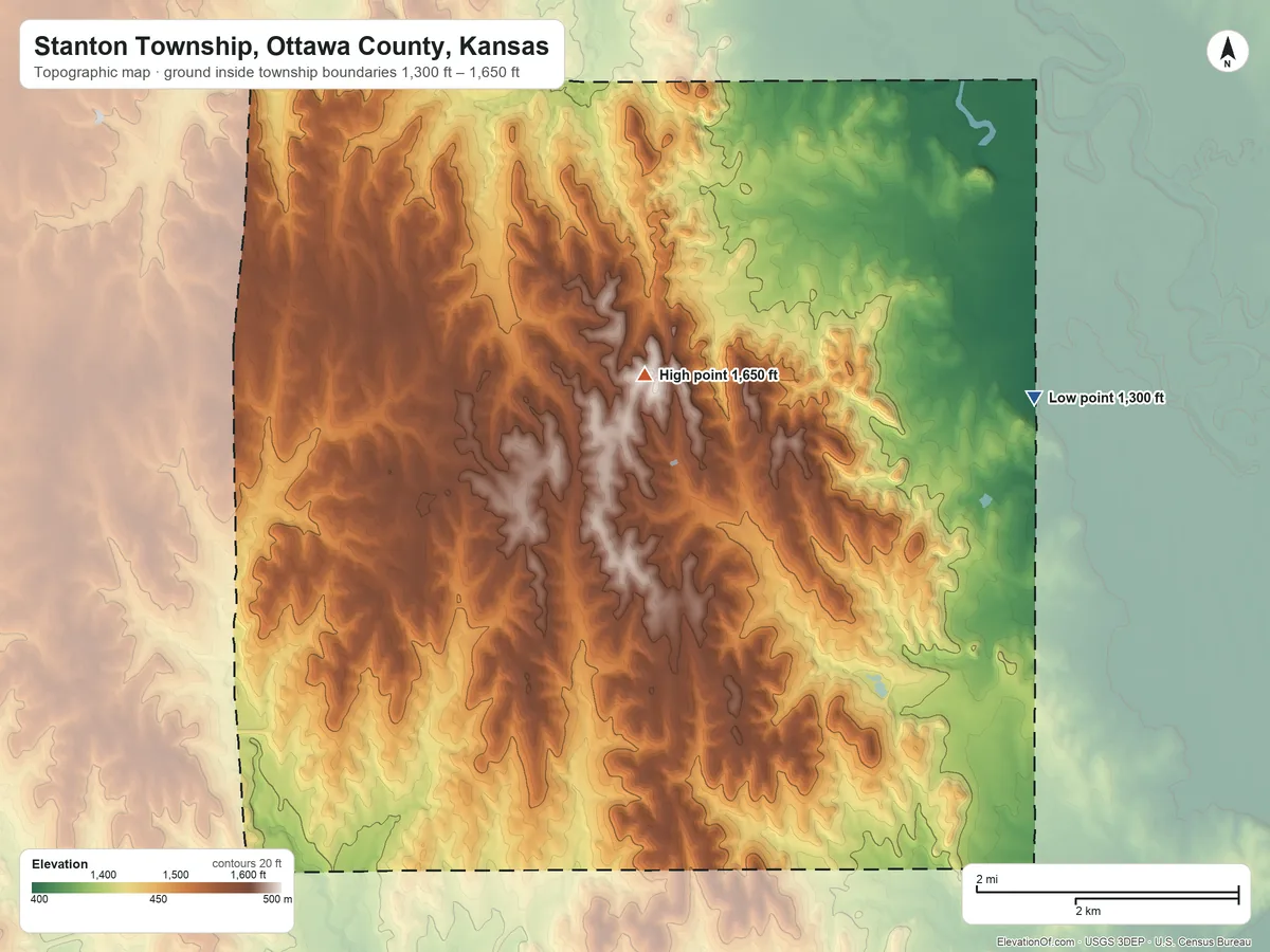 Topographic elevation map of Stanton Township, Ottawa County, Kansas, shaded from 1,300 ft on the east side to 1,650 ft near the middle