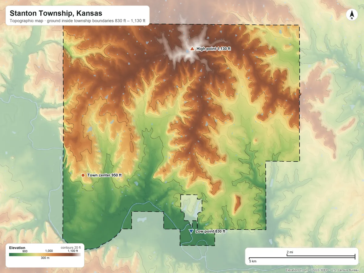 Topographic elevation map of Stanton Township, Kansas, shaded from 830 ft on the southeast side to 1,130 ft on the northeast side