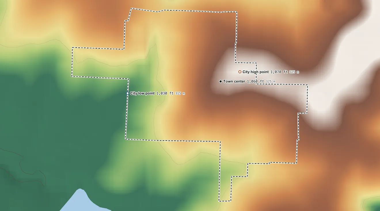 Topographic elevation map of Stark, Kansas, shaded from 1,030 ft on the west side to 1,070 ft near the middle