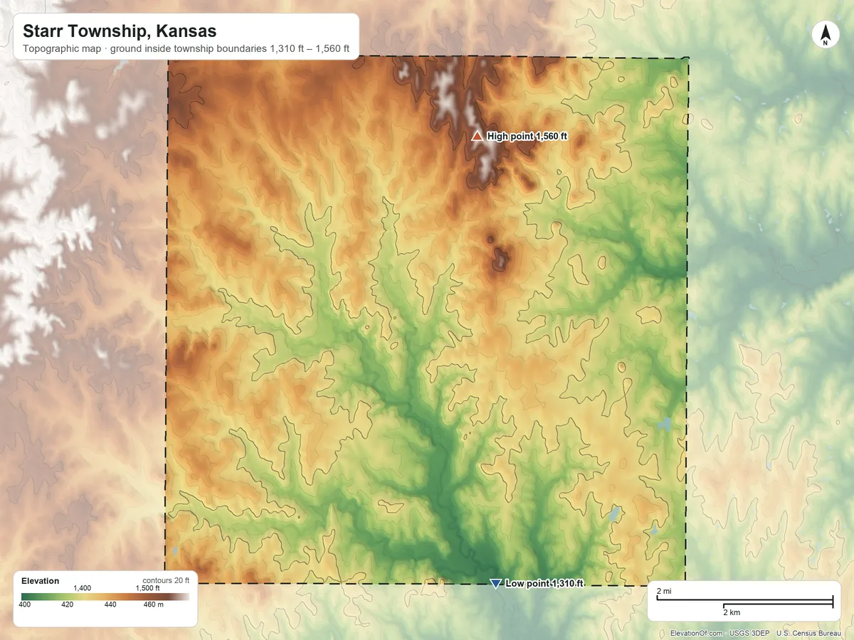 Topographic elevation map of Starr Township, Kansas, shaded from 1,310 ft on the southeast side to 1,560 ft on the northeast side