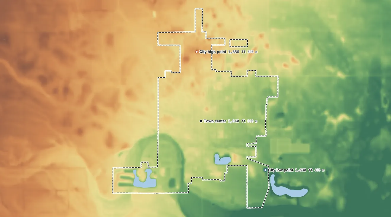 Topographic elevation map of Sterling, Kansas, shaded from 1,630 ft on the southeast side to 1,650 ft on the north side