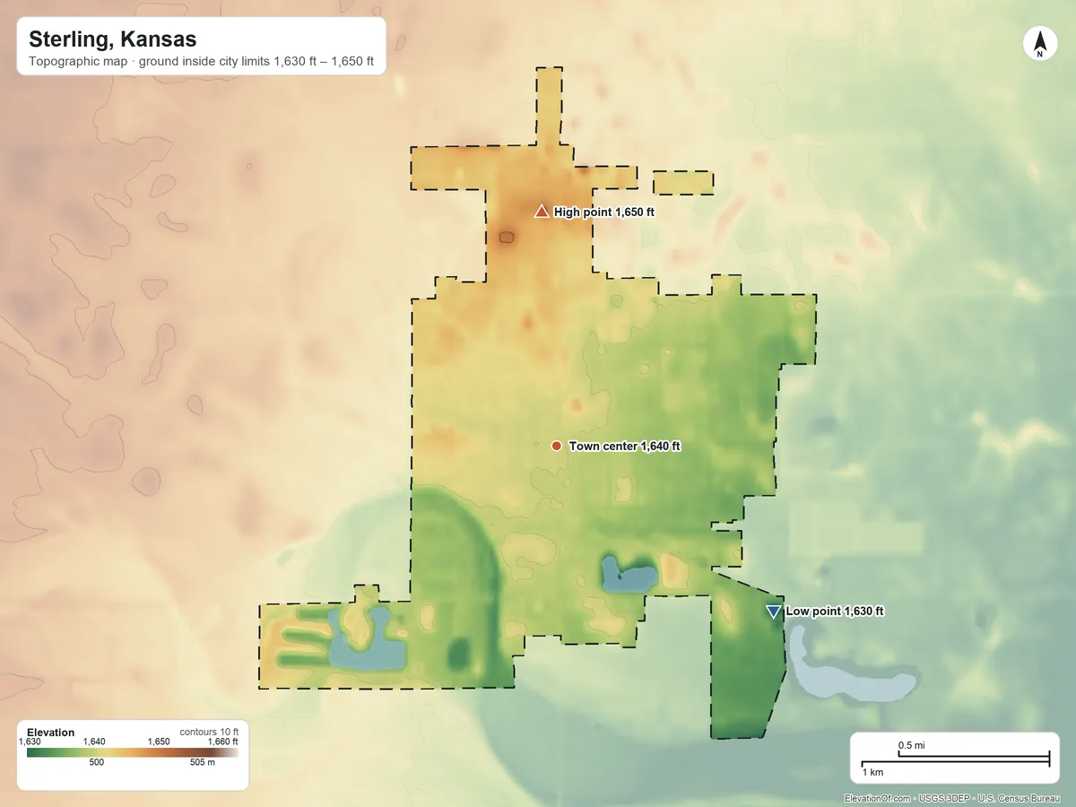 Topographic elevation map of Sterling, Kansas, shaded from 1,630 ft on the southeast side to 1,650 ft on the north side