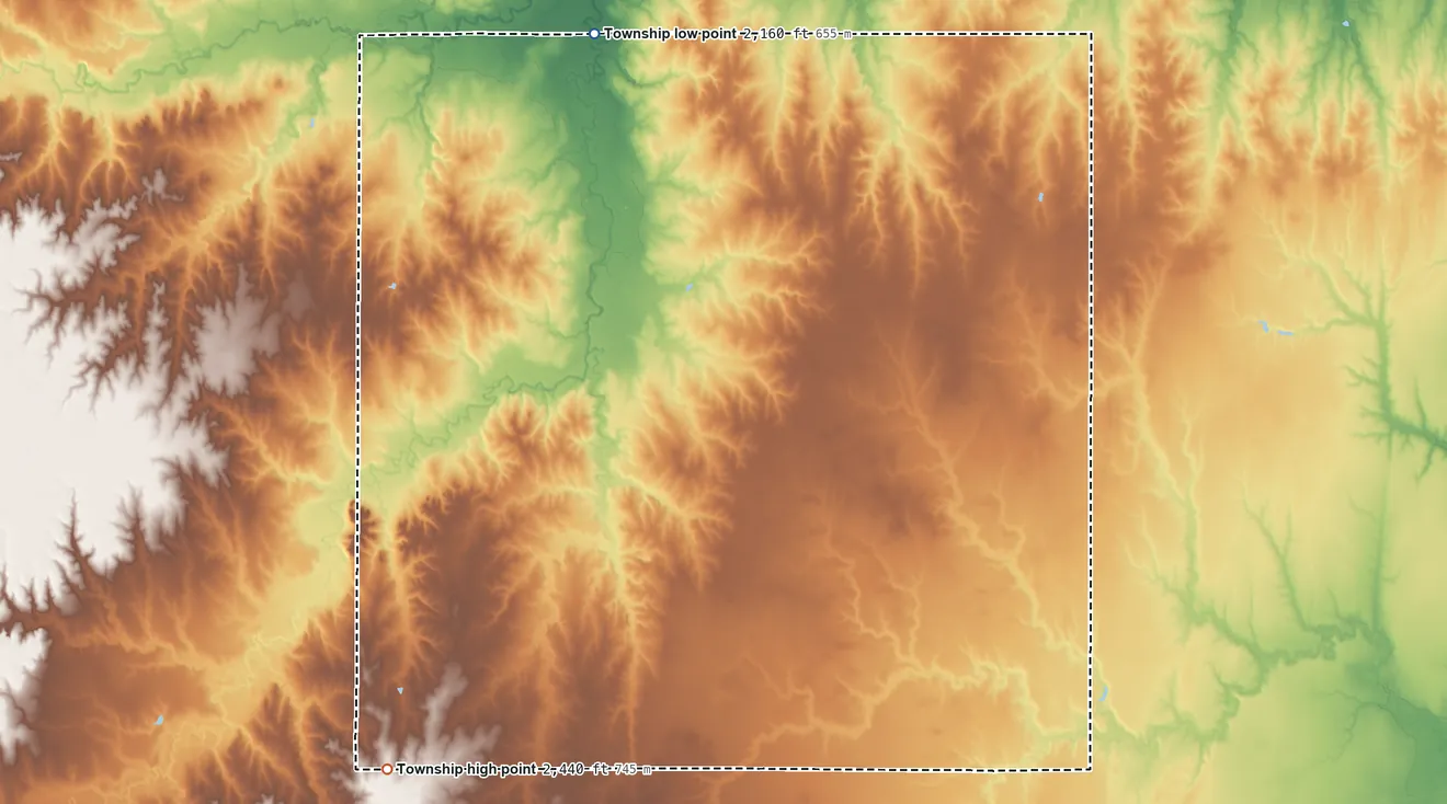 Topographic elevation map of Sterling Township, Hodgeman County, Kansas, shaded from 2,160 ft on the northwest side to 2,440 ft on the southwest side