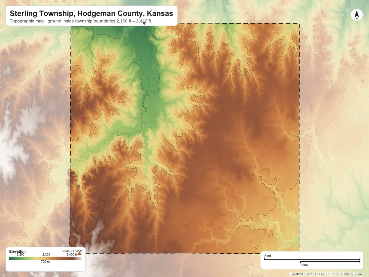 Topographic elevation map of Sterling Township, Hodgeman County, Kansas, shaded from 2,160 ft on the northwest side to 2,440 ft on the southwest side