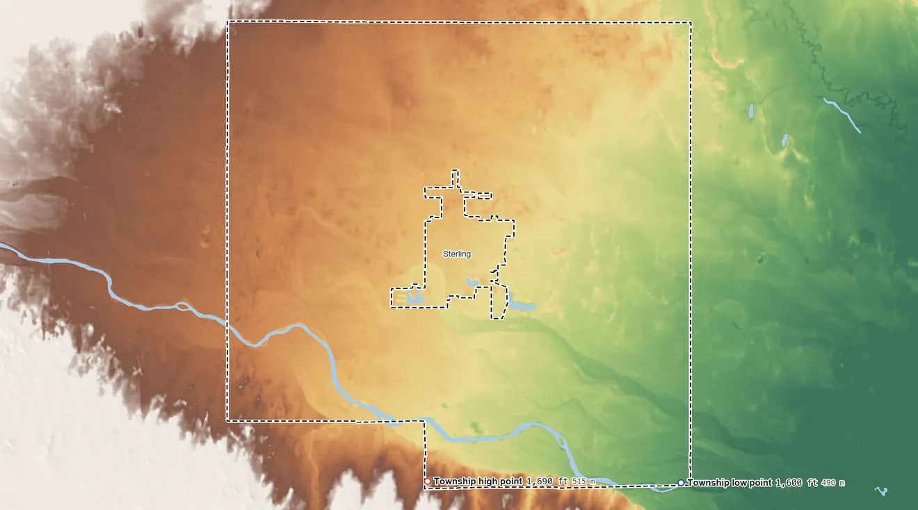 Topographic elevation map of Sterling Township, Kansas, shaded from 1,600 ft on the southeast side to 1,690 ft on the south side