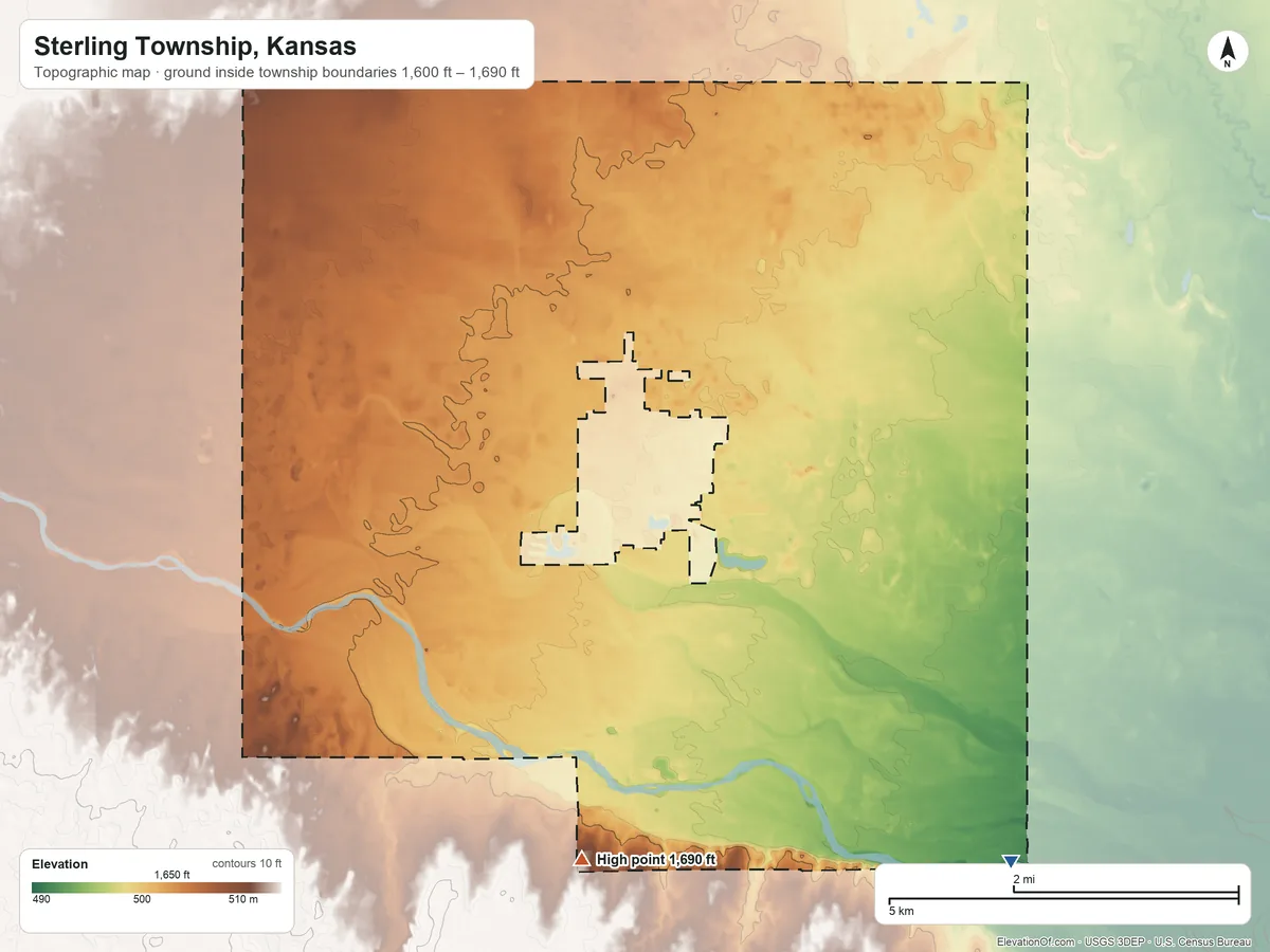 Topographic elevation map of Sterling Township, Kansas, shaded from 1,600 ft on the southeast side to 1,690 ft on the south side