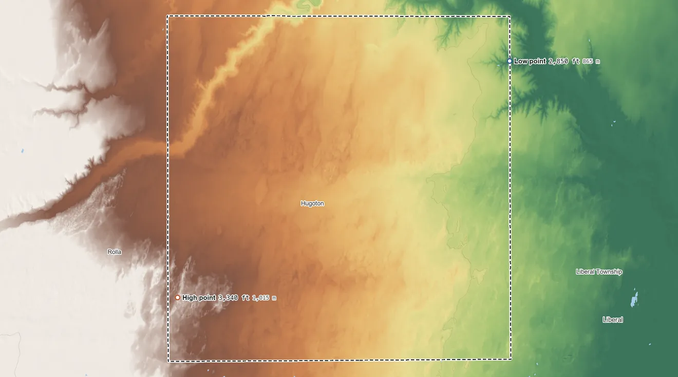 Topographic elevation map of Stevens County, Kansas, shaded from 2,850 ft on the northeast side to 3,340 ft on the southwest side