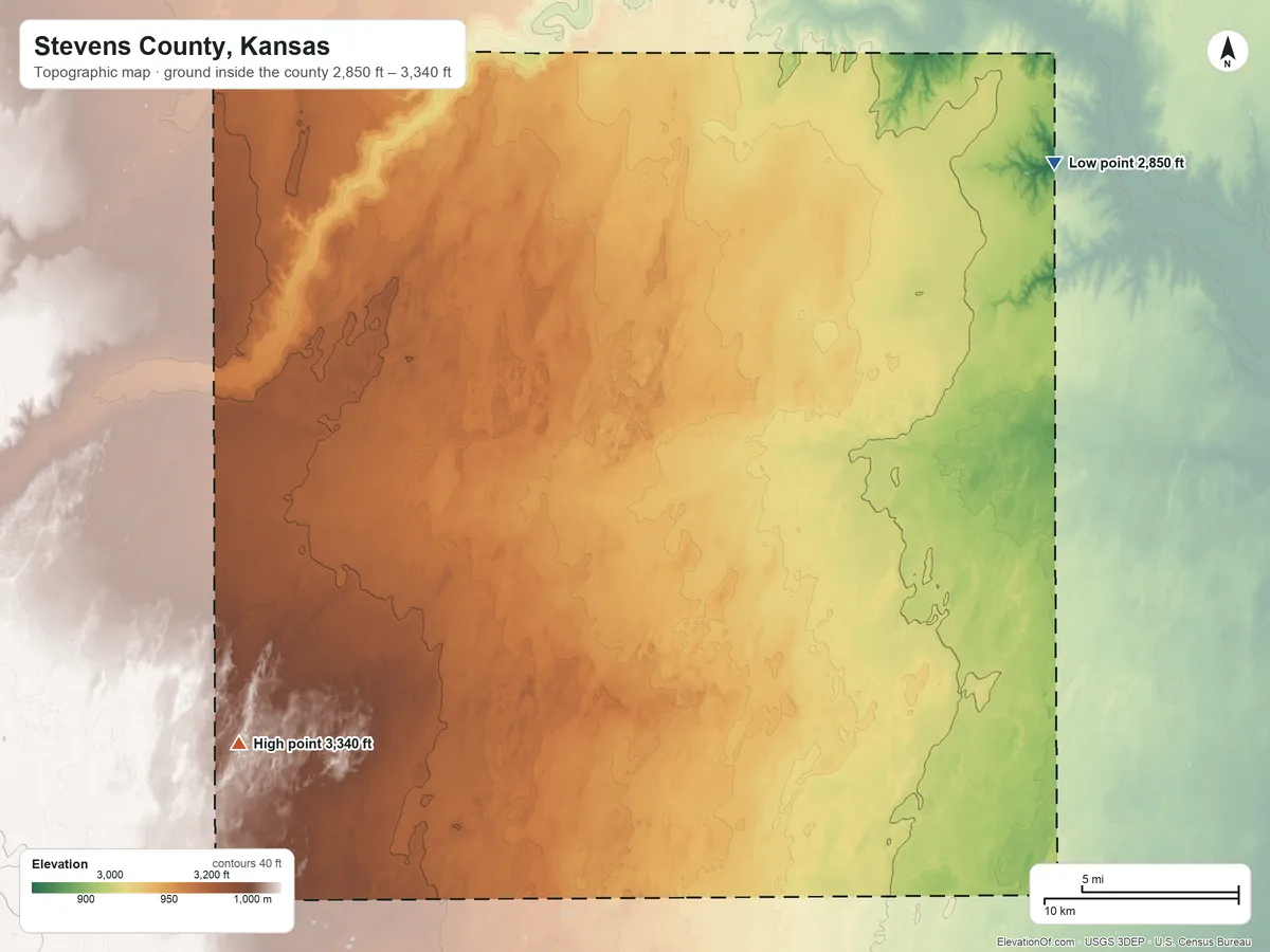 Topographic elevation map of Stevens County, Kansas, shaded from 2,850 ft on the northeast side to 3,340 ft on the southwest side
