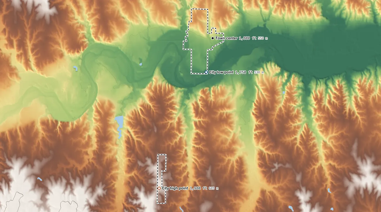Topographic elevation map of Stockton, Kansas, shaded from 1,750 ft on the south side to 1,980 ft on the south side