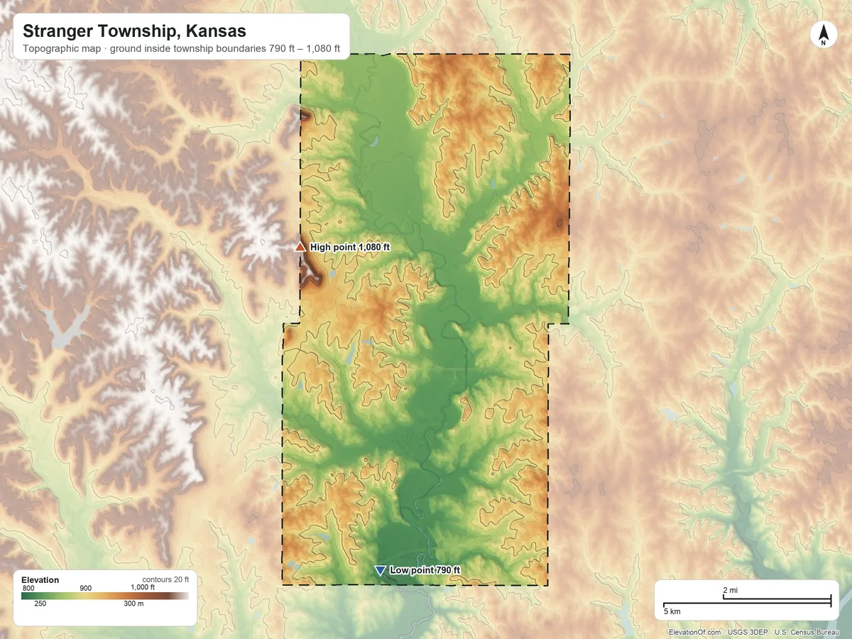 Topographic elevation map of Stranger Township, Kansas, shaded from 790 ft on the south side to 1,080 ft on the northwest side