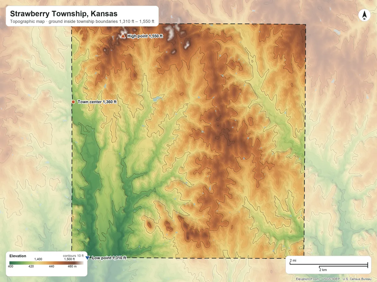 Topographic elevation map of Strawberry Township, Kansas, shaded from 1,310 ft on the south side to 1,550 ft on the northeast side