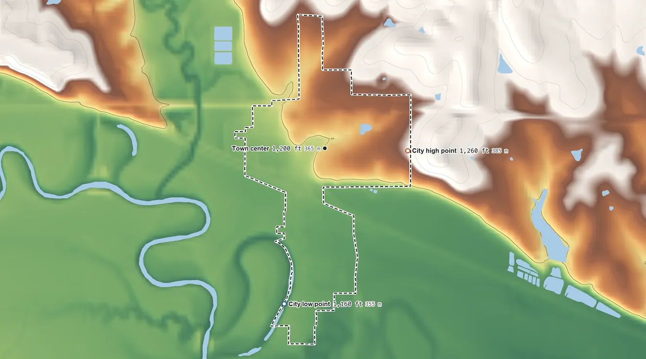 Topographic elevation map of Strong City, Kansas, shaded from 1,160 ft on the south side to 1,260 ft on the east side