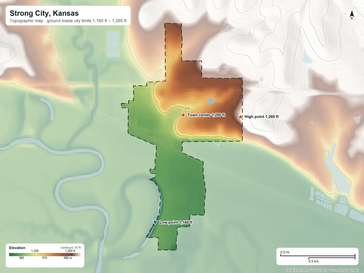 Topographic elevation map of Strong City, Kansas, shaded from 1,160 ft on the south side to 1,260 ft on the east side