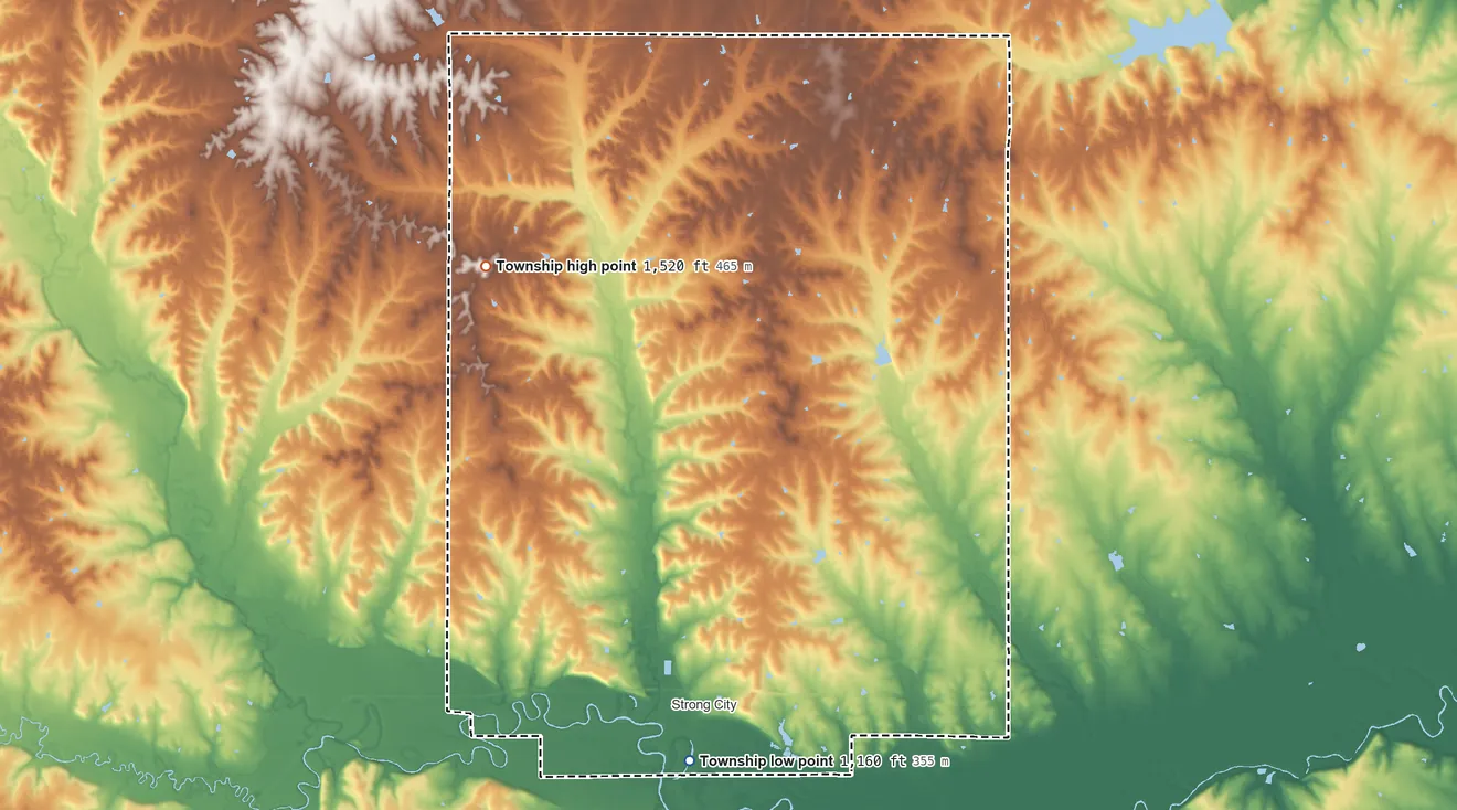 Topographic elevation map of Strong Township, Kansas, shaded from 1,160 ft near the middle to 1,520 ft on the northwest side