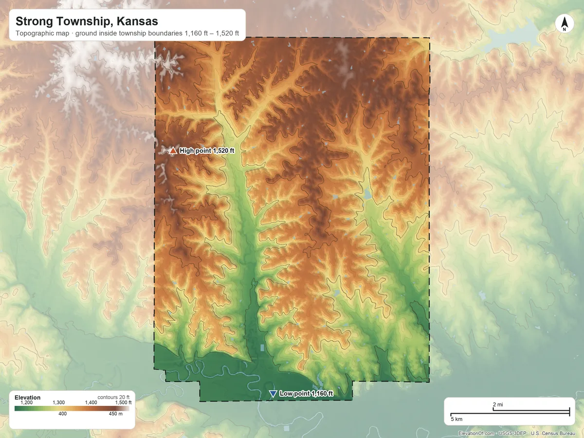 Topographic elevation map of Strong Township, Kansas, shaded from 1,160 ft near the middle to 1,520 ft on the northwest side