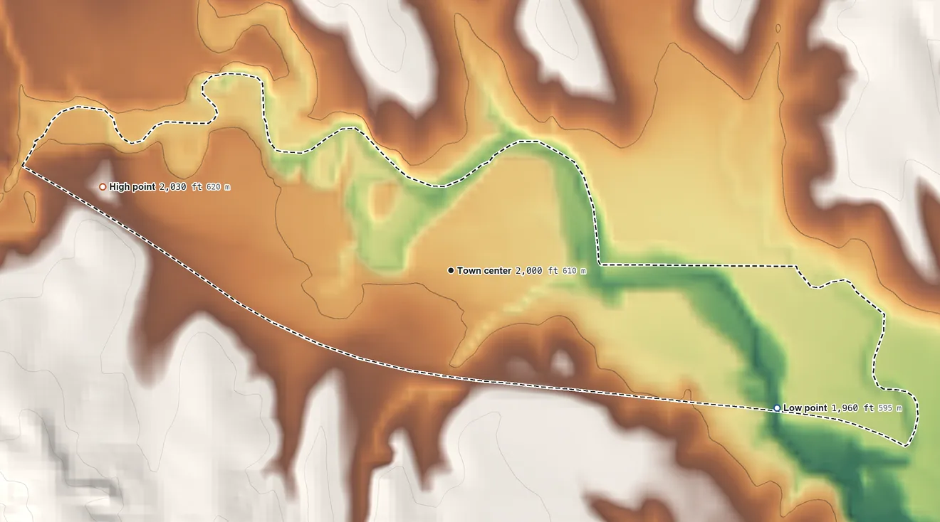 Topographic elevation map of Stuttgart, Kansas, shaded from 1,960 ft on the southeast side to 2,030 ft on the west side
