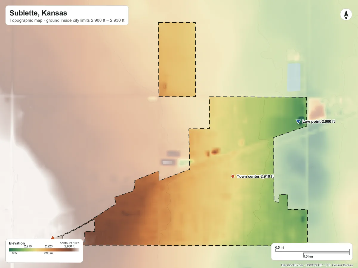 Topographic elevation map of Sublette, Kansas, shaded from 2,900 ft on the northeast side to 2,930 ft on the west side