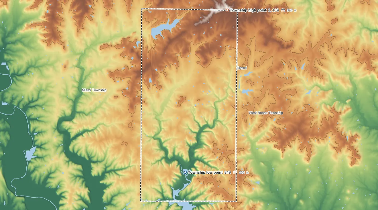 Topographic elevation map of Sugar Creek Township, Kansas, shaded from 840 ft on the south side to 1,130 ft on the northeast side