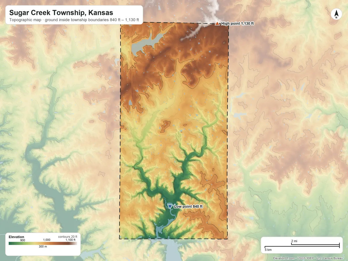Topographic elevation map of Sugar Creek Township, Kansas, shaded from 840 ft on the south side to 1,130 ft on the northeast side