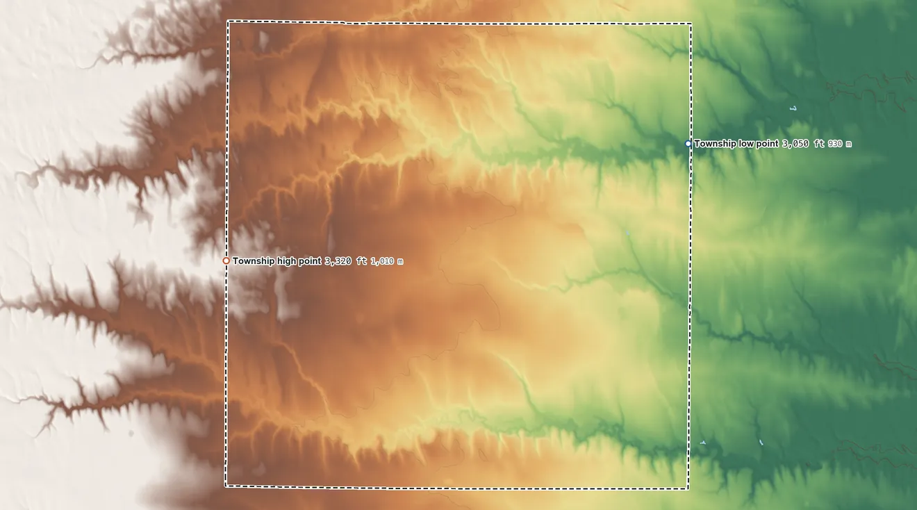 Topographic elevation map of Summers Township, Kansas, shaded from 3,050 ft on the east side to 3,320 ft on the west side