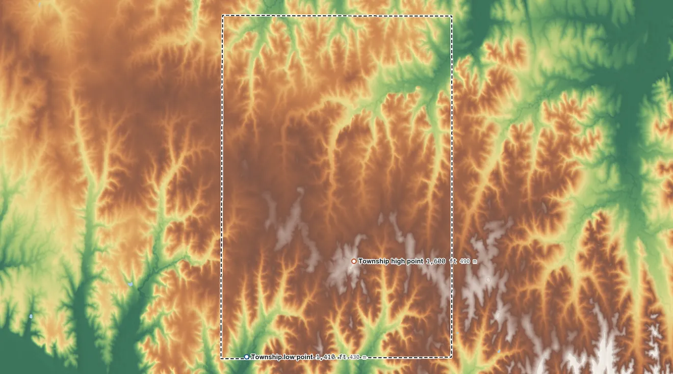 Topographic elevation map of Summit Township, Kansas, shaded from 1,410 ft on the south side to 1,600 ft on the south side