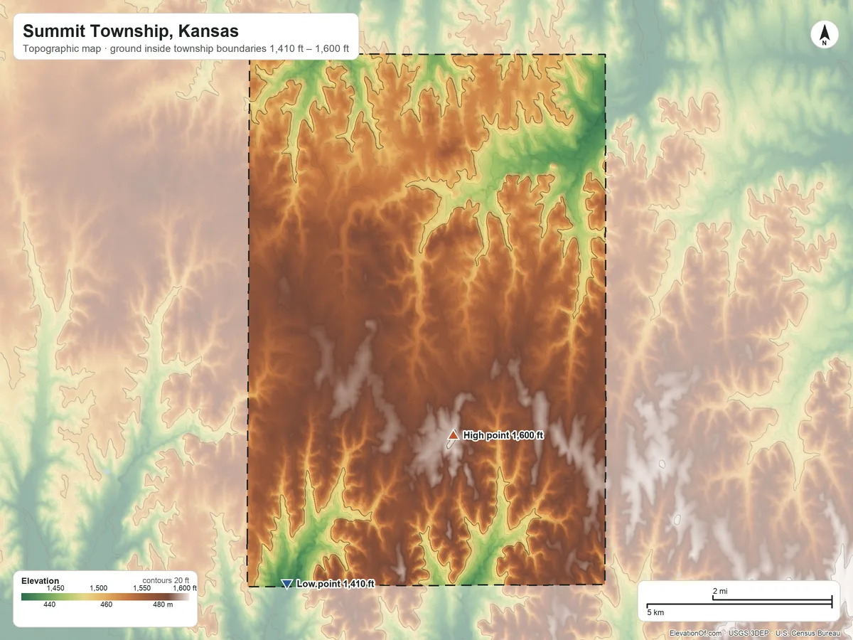 Topographic elevation map of Summit Township, Kansas, shaded from 1,410 ft on the south side to 1,600 ft on the south side