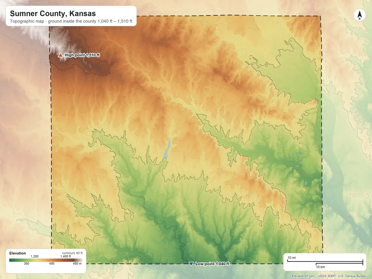 Topographic elevation map of Sumner County, Kansas, shaded from 1,040 ft on the south side to 1,510 ft on the northwest side