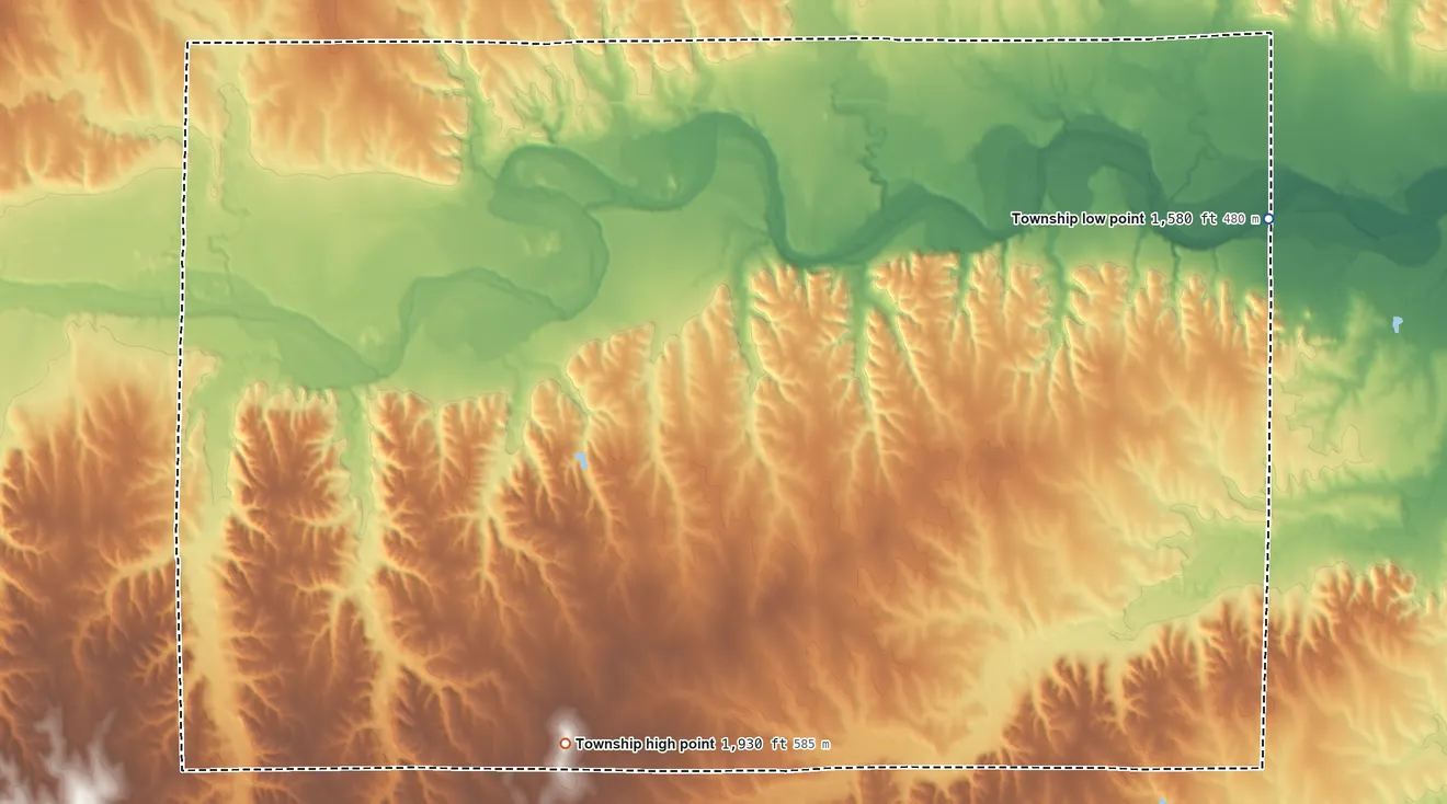Topographic elevation map of Sumner Township, Osborne County, Kansas, shaded from 1,580 ft on the east side to 1,930 ft on the southwest side