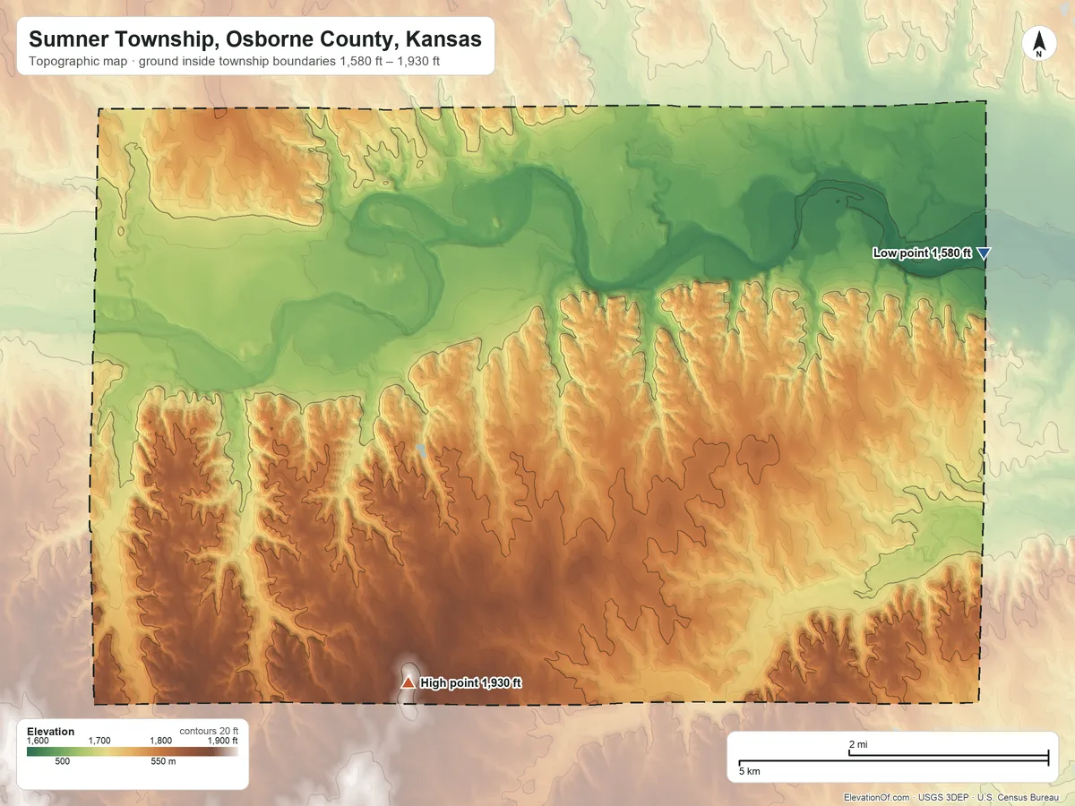 Topographic elevation map of Sumner Township, Osborne County, Kansas, shaded from 1,580 ft on the east side to 1,930 ft on the southwest side