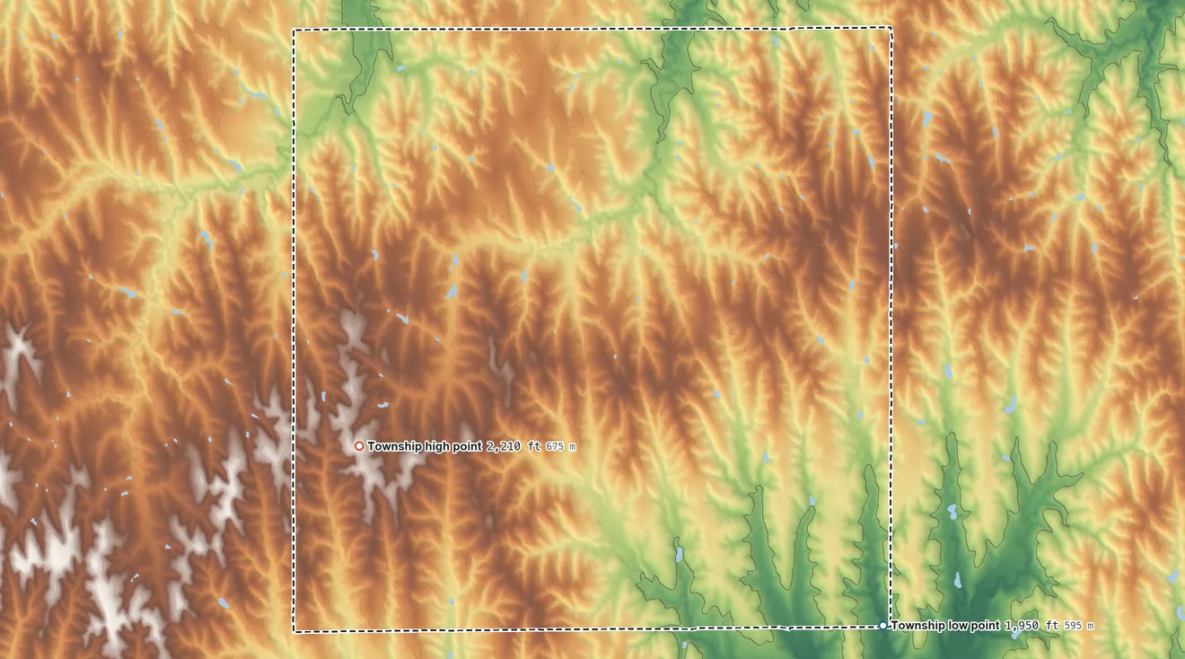 Topographic elevation map of Sumner Township, Phillips County, Kansas, shaded from 1,950 ft on the south side to 2,210 ft on the west side