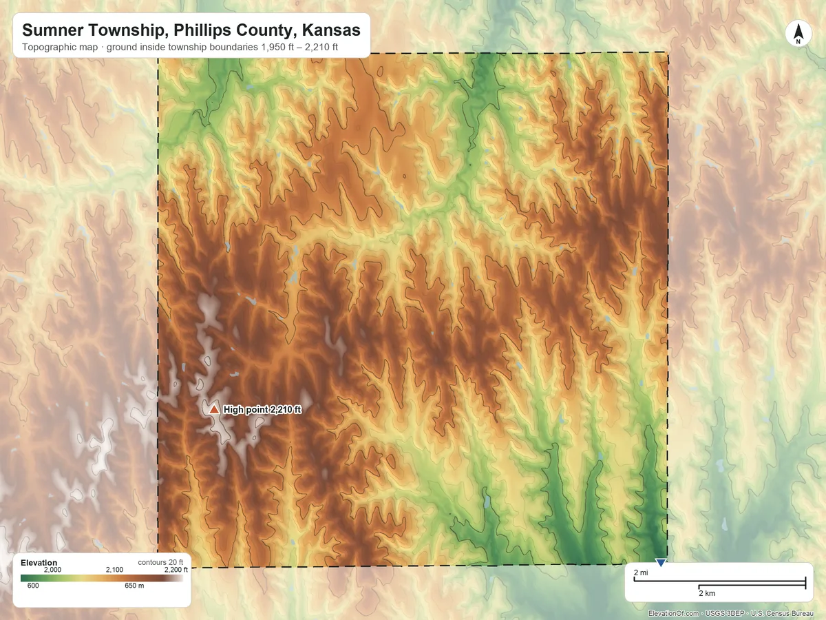 Topographic elevation map of Sumner Township, Phillips County, Kansas, shaded from 1,950 ft on the south side to 2,210 ft on the west side