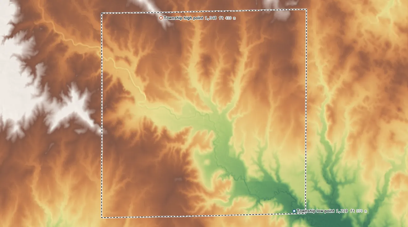 Topographic elevation map of Sumner Township, Sumner County, Kansas, shaded from 1,210 ft on the southeast side to 1,340 ft on the north side
