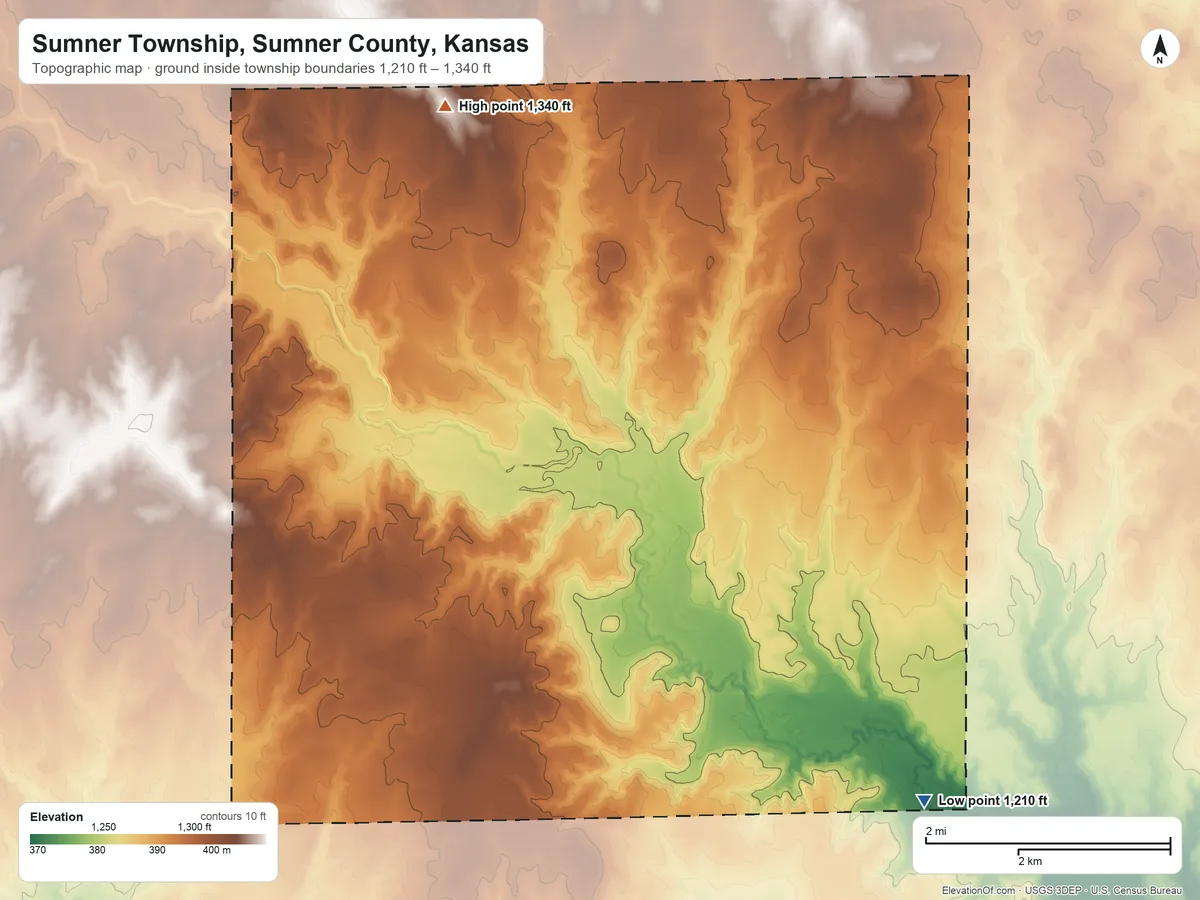 Topographic elevation map of Sumner Township, Sumner County, Kansas, shaded from 1,210 ft on the southeast side to 1,340 ft on the north side